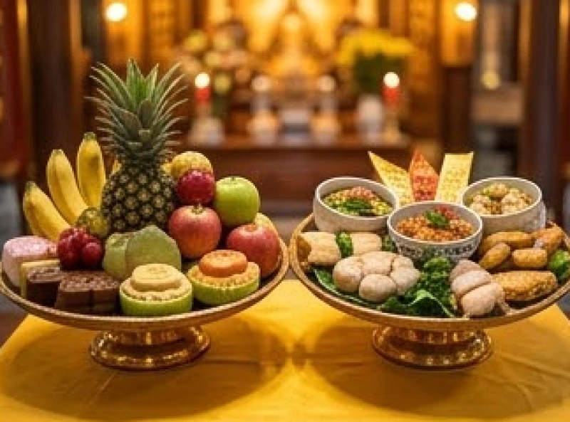 Mâm lễ chay và mâm mặn được chuẩn bị kỹ lưỡng để dâng cúng tại hệ thống các điện thờ