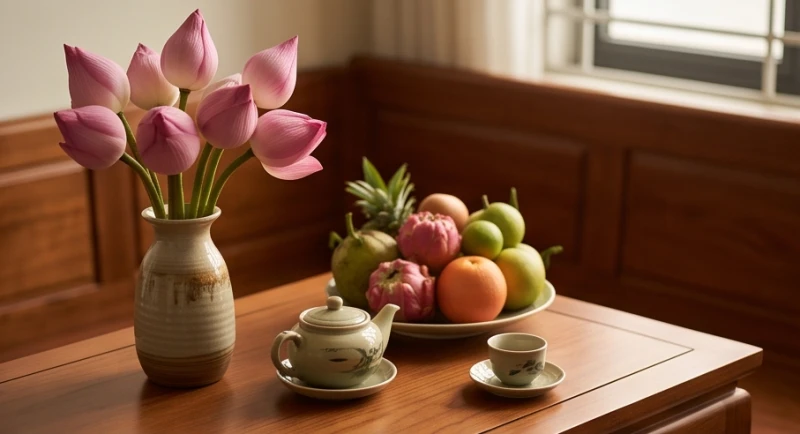 Văn khấn Bác Hồ tại nhà: Bài cúng và nghi lễ lập bàn thờ chuẩn 1 Mâm ngũ quả tươi và bình sen hồng được chuẩn bị cẩn thận để dâng lên bàn thờ Chủ tịch Hồ Chí Minh