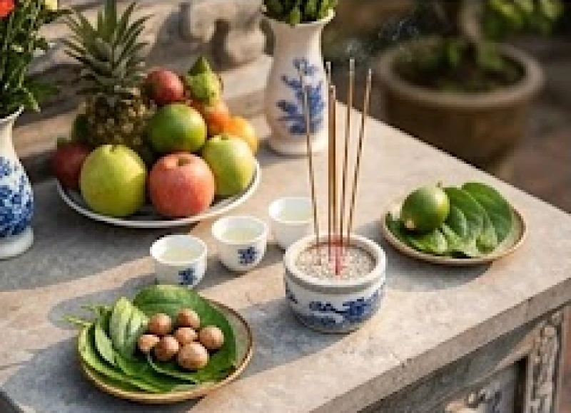 Mâm lễ vật cúng ngoài trời được sắp xếp gọn gàng trên bàn thờ thiên vào buổi sáng sớm