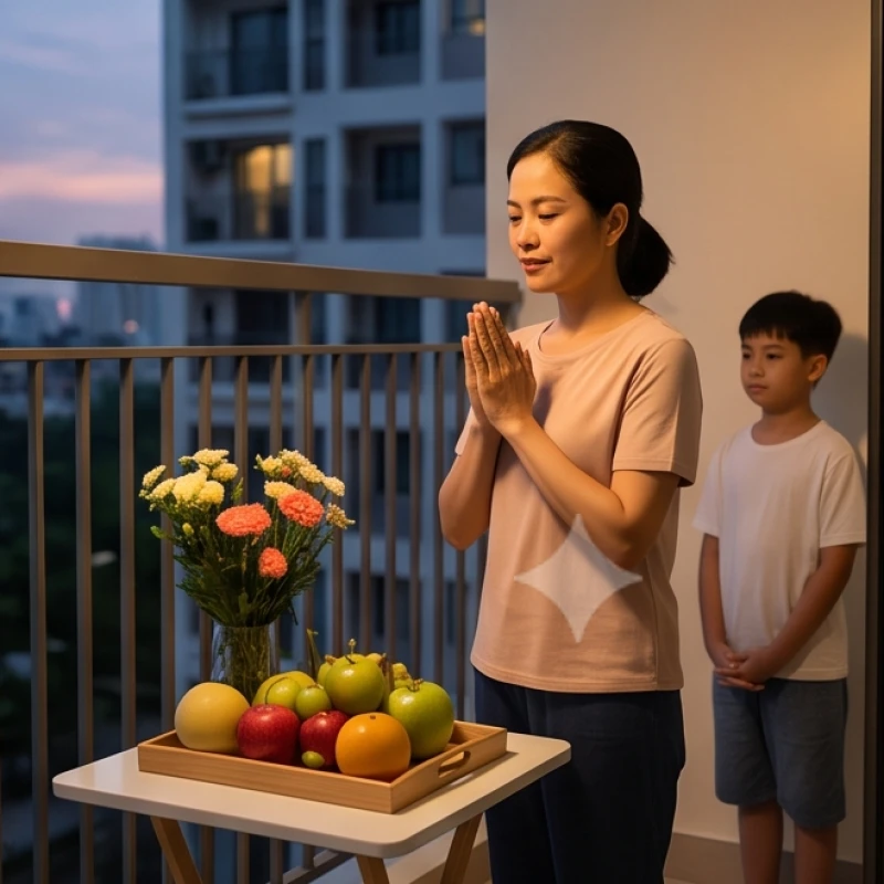 Người mẹ đang đứng chắp tay thành kính trước ban công nhà với mâm hoa quả tươi để cầu bình an