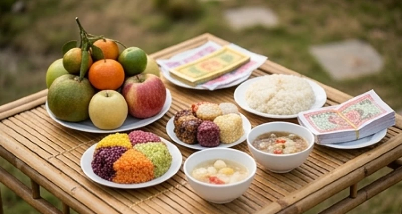 Văn khấn hàn long mạch: Bài cúng chuẩn cho dương trạch và âm phần 2 Mâm lễ cúng bồi hoàn địa mạch với trái cây, xôi chè và vàng mã được bày biện trang nghiêm