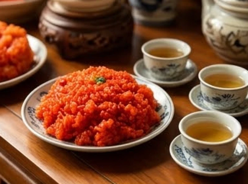 Đĩa xôi gấc đỏ tươi và các chén nước thanh tịnh trên mâm cúng chay gia tiên