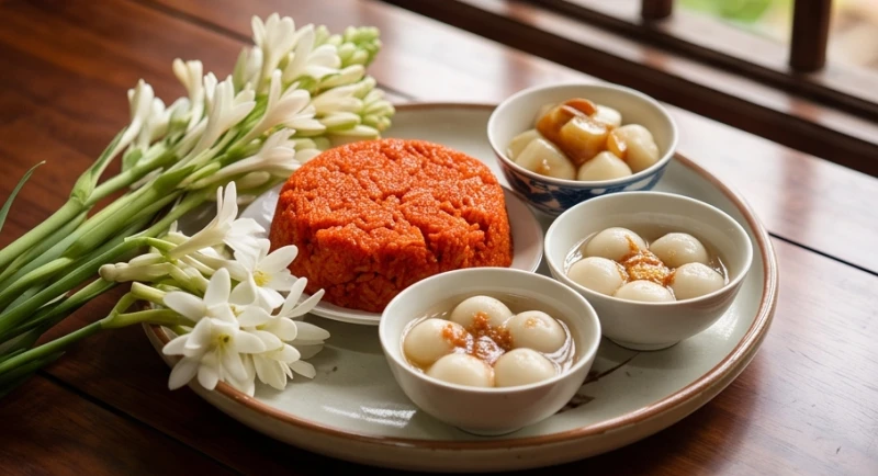 Mâm lễ cúng chay chỉn chu với xôi gấc đỏ, chè trôi nước và hoa tươi đặt trên bàn