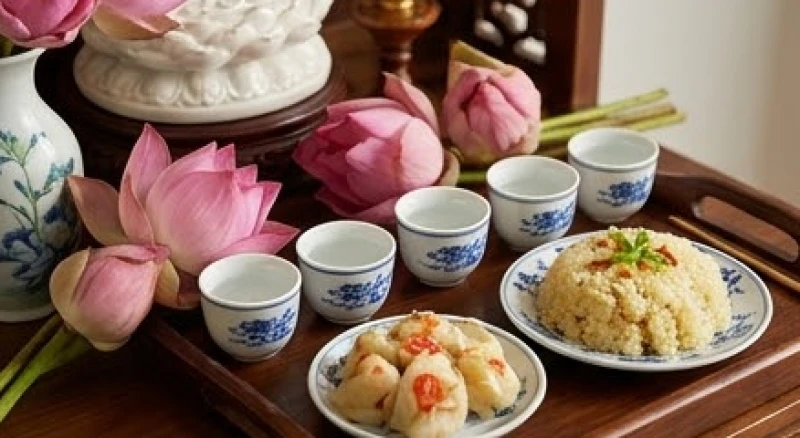 Văn khấn Phật Bà Quan Âm tại nhà: Trọn bộ bài cúng và nghi thức 3 Mâm cỗ chay thanh tịnh dâng Phật với bình hoa sen hồng tươi tắn và các chén nước lọc trong vắt