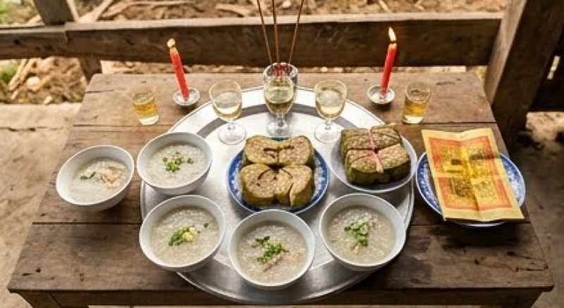 Văn khấn cúng chuồng bò chuẩn và cách đặt mâm lễ đầu năm 3 Mâm cúng Thần Chăn Nuôi đặt trên bàn nhỏ gồm năm chén cháo loãng, đĩa bánh tét, ba ly rượu trắng và nhang đèn