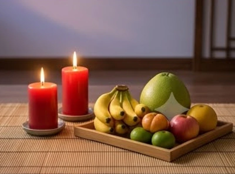 Hai ngọn nến đỏ thắp sáng cùng đĩa hoa quả tươi sạch dùng để làm lễ dâng sao giải hạn