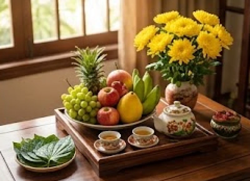 Mâm lễ vật cúng sao giải hạn gồm đĩa trái cây tươi xôi oản trầu cau và rượu trà