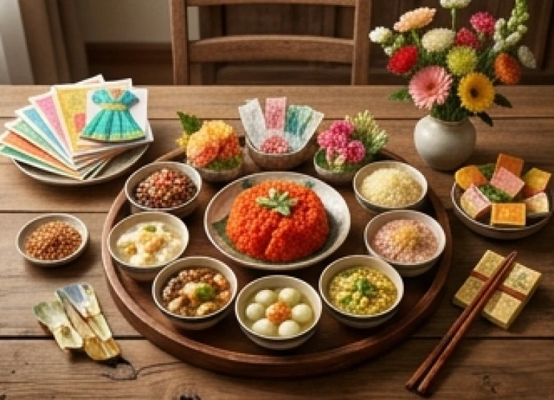 Mâm lễ tươm tất dâng lên 12 Bà Mụ và Đức Ông trong nghi thức cúng đầy tháng cho bé gái