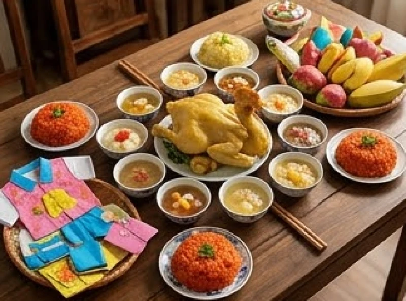 Mâm lễ mặn và xôi chè tươm tất được chuẩn bị cho nghi thức tạ lễ khi em bé tròn một tháng tuổi
