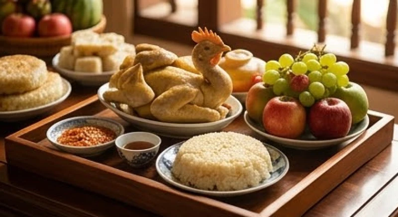 Các mâm lễ mặn và lễ chay được sắp xếp chỉn chu để dâng lên các ban tại đền Chúa Thác Bờ