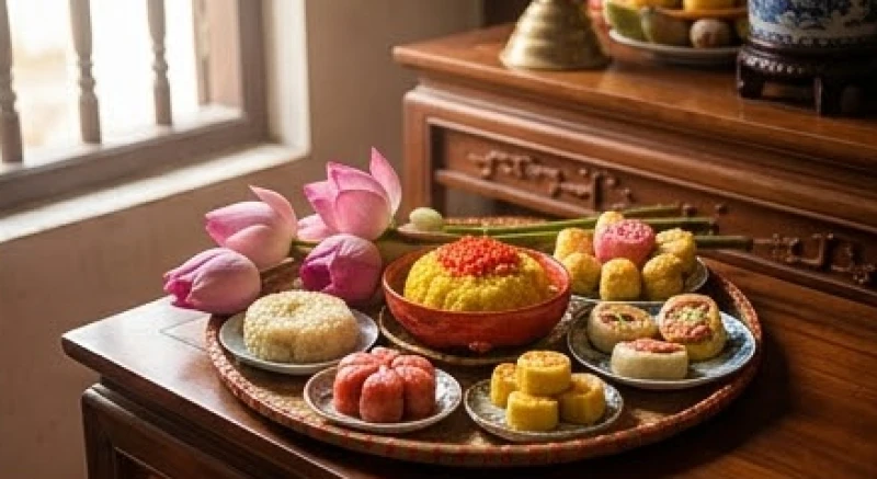 Mâm lễ chay thanh tịnh gồm xôi chè và hoa tươi được chuẩn bị kỹ lưỡng để dâng lên Đức Thánh Trần