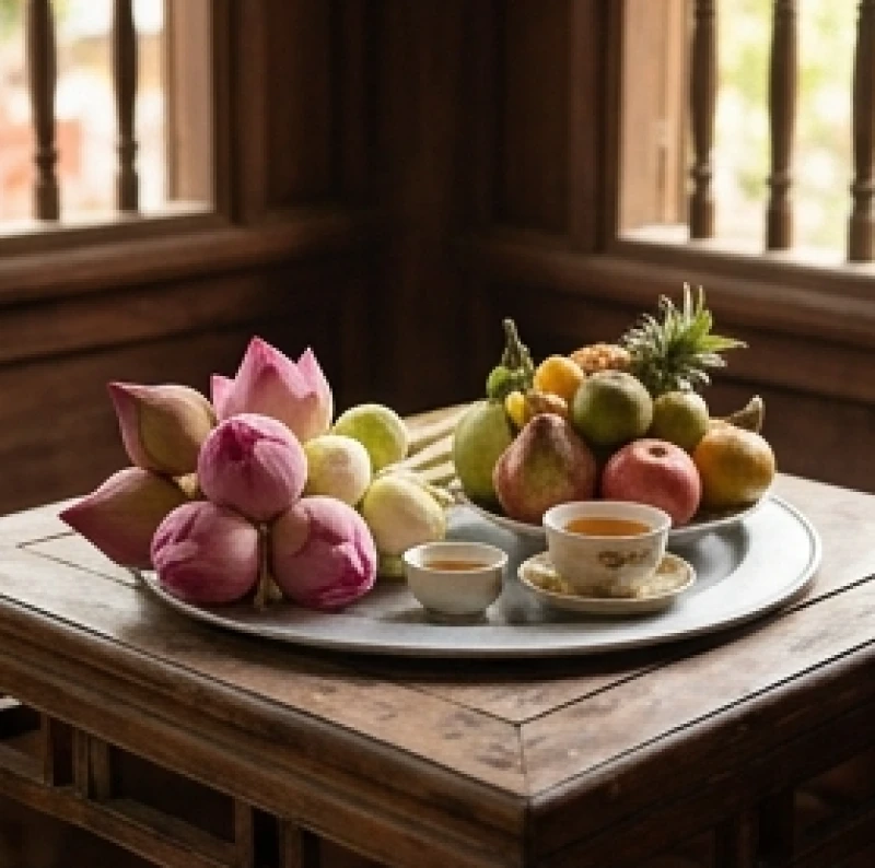 Văn khấn đình làng ngày rằm: Bài cúng ngày Vọng & trình tự chuẩn 1 Mâm lễ dâng cúng đình làng cơ bản gồm hoa tươi quả ngọt và nén nhang thơm đặt trên ban thờ