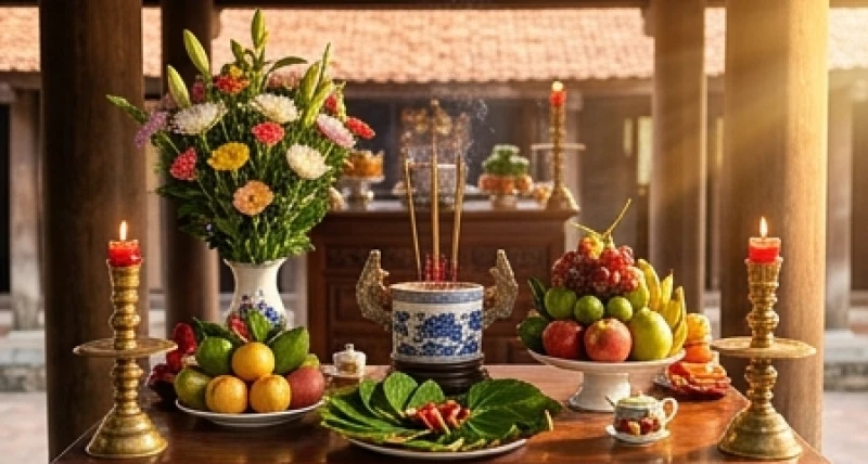 Mâm lễ cúng đình làng truyền thống với đầy đủ hương hoa trà quả dâng Thành Hoàng