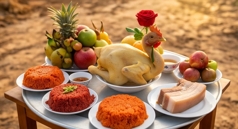 Mâm lễ cúng động thổ truyền thống gồm bộ tam sênh, xôi gấc đỏ, gà luộc chéo cánh và trái cây tươi tươm tất