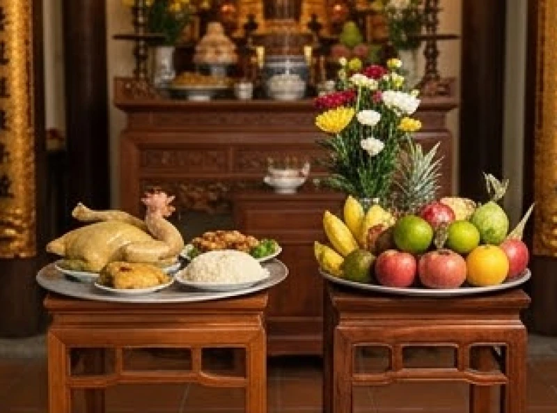 Mâm cúng chay thanh tịnh gồm hoa tươi và ngũ quả đặt trước ban thờ đền Trần