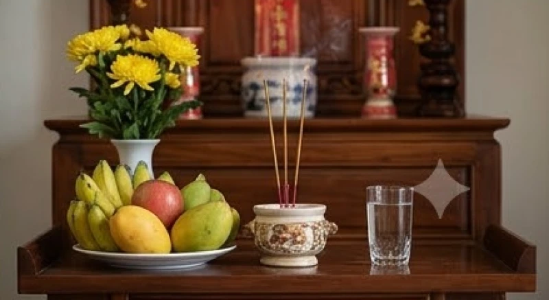 Mâm lễ cúng giản dị với trái cây tươi và chén nước trong vắt trên bàn thờ