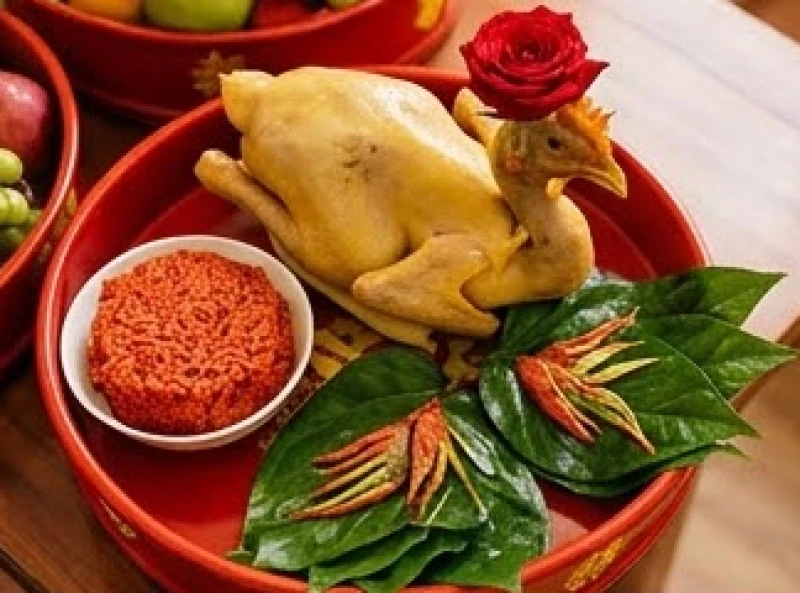 Mâm lễ vật cúng tổ tiên gồm xôi gấc, gà luộc nguyên con ngậm hoa hồng và trầu cau têm cánh phượng