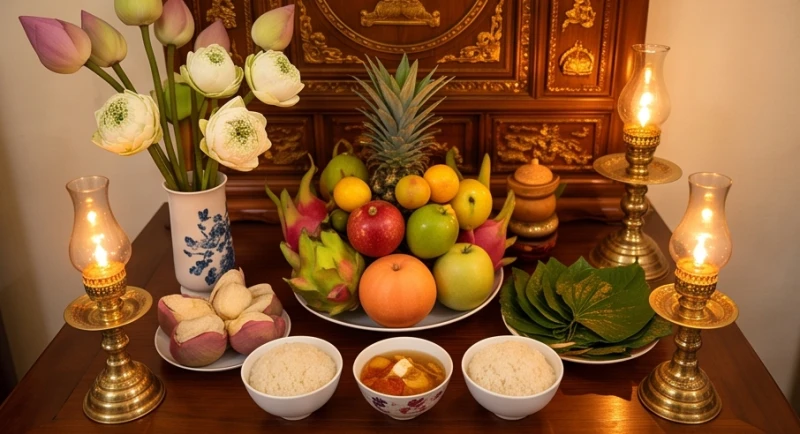 Mâm lễ cúng gia tiên được bày biện tươm tất với mâm ngũ quả, xôi chè, hoa sen tươi và trầu cau têm cánh phượng