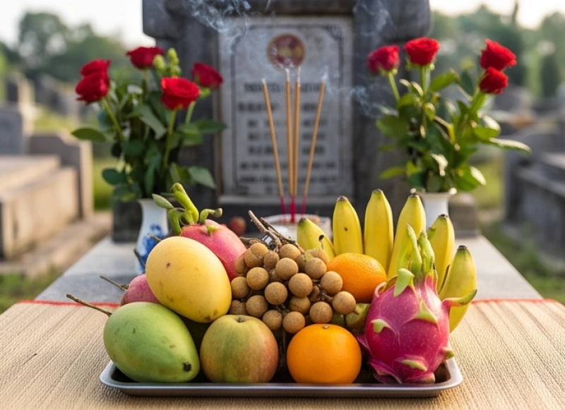 Mâm trái cây ngũ quả và hoa tươi dâng lên trước bia mộ gia tiên