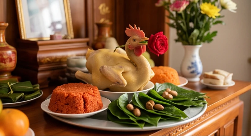 Văn khấn nhận con nuôi: Hướng dẫn sắm lễ, bài cúng và xin keo 1 Mâm lễ cúng gia tiên chuẩn bị cho nghi thức nhận con nuôi với xôi gấc và gà trống luộc