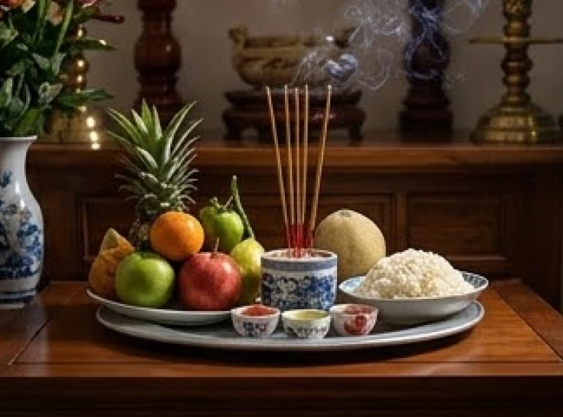 Mâm lễ mặn cơ bản cùng hương hoa tươi được bày trí trang nghiêm trên ban thờ gia tiên