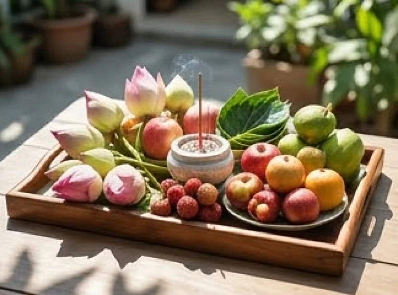 Văn khấn Tết Đoan Ngọ mùng 5 tháng 5: Bài cúng chuẩn nghi lễ 3 Mâm lễ vật cúng Tết Đoan Ngọ được đặt trang trọng dưới ánh nắng rực rỡ của buổi trưa