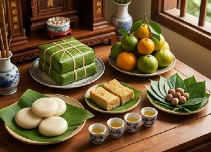 Văn khấn Giỗ Tổ Hùng Vương: Bài cúng chuẩn và Trình tự nghi lễ 1 Mâm lễ cúng Giỗ Tổ Hùng Vương cơ bản với bánh chưng, bánh giầy và ngũ quả được bày biện trang nghiêm