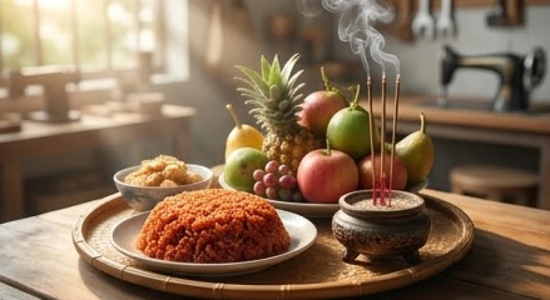 Bàn thờ được bày biện mâm cúng giỗ tổ nghề cơ bản với xôi gấc quả tươi và lư hương ngun ngút khói