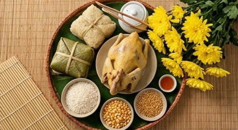 Văn khấn xuống đồng đầu năm: bài khấn Thần Nông & sắm lễ 3 Mâm lễ vật thuần nông gồm xôi gấc, gà luộc, hoa cúc và đĩa hạt giống chuẩn bị cho lễ xuống đồng.