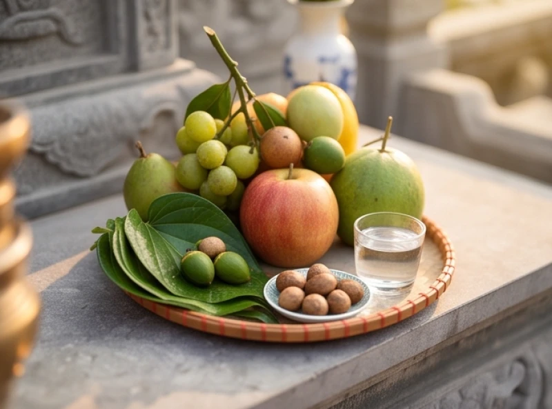 Mâm lễ vật cơ bản dâng cúng Mẫu Cửu Trùng Thiên gồm ngũ quả và hoa tươi