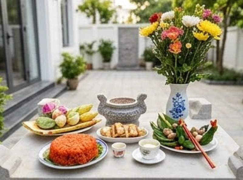 Mâm lễ vật trang nghiêm được bày biện trên bàn thờ ngoài trời chuẩn bị cho nghi thức dâng văn khấn Mẫu Thiên