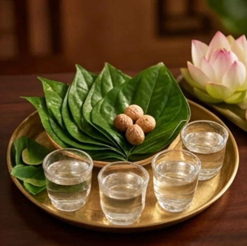 Mâm lễ cúng mùng một đơn giản nhưng thanh sạch với trầu cau, chén nước và hoa tươi