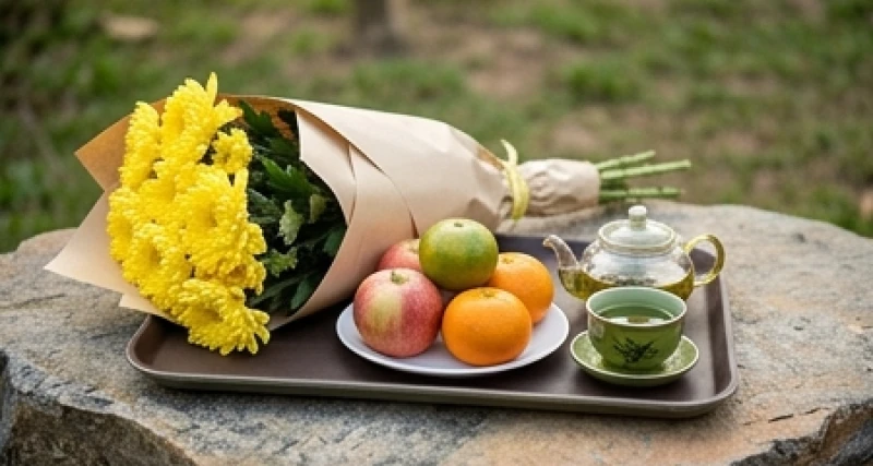 Mâm lễ vật chay tịnh gồm hoa tươi trái cây và trà dâng lên đài tưởng niệm