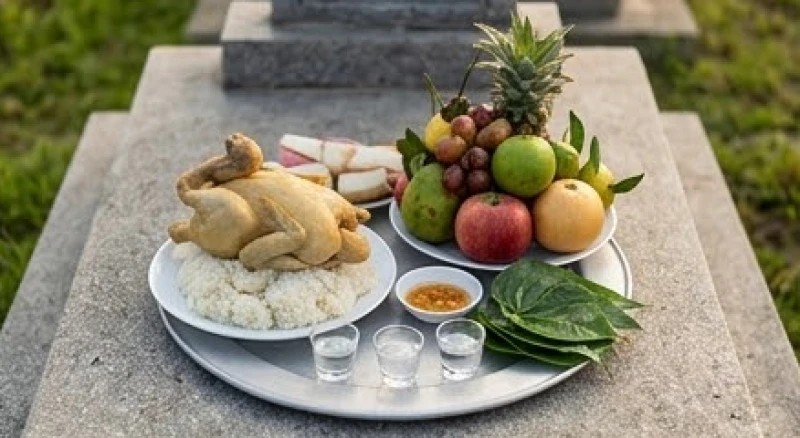 Văn khấn tảo mộ ngày giỗ: Bài cúng chuẩn cho Giỗ đầu & Giỗ thường 3 Mâm lễ mặn cúng ngoài mộ được bày biện gọn gàng trên bệ đá với đầy đủ xôi gà, trái cây tươi và trầu cau