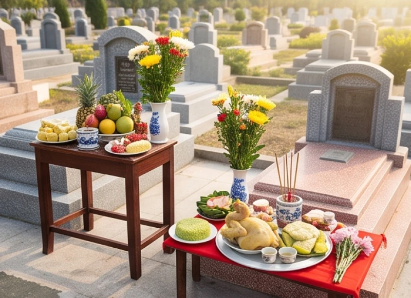Toàn cảnh mâm cúng Thần linh và mâm cúng vong linh được chuẩn bị cho lễ khánh thành mộ