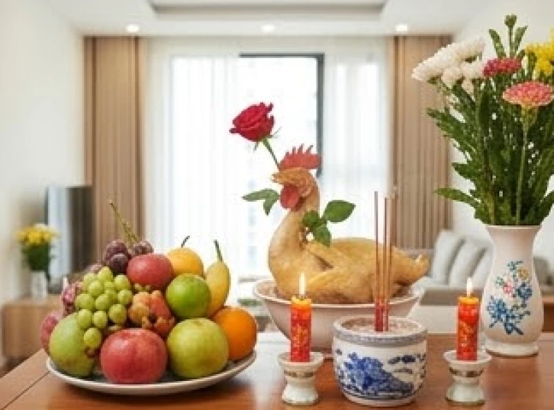 Mâm lễ cúng nhập trạch tươm tất với đầy đủ ngũ quả, gà luộc, hoa tươi và nhang đèn đặt trên bàn