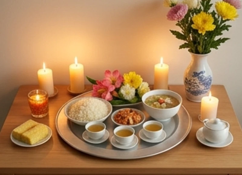 Mâm lễ chay tịnh dâng lên Đức Phật Mẫu gồm xôi chè, hoa tươi và nước trà thanh khiết.