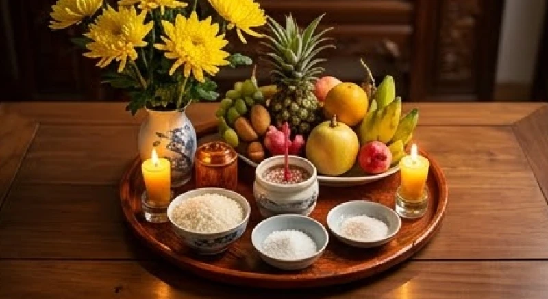 Lễ vật cúng dâng sao giải hạn gồm nến, hoa cúc vàng, đĩa trái cây tươi, gạo và muối trên bàn gỗ