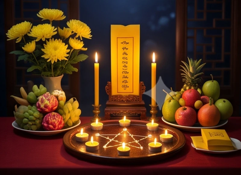 Mâm lễ dâng sao giải hạn gồm hoa tươi và bài vị được sắp xếp ngay ngắn để hóa giải tử vi tuổi tý năm 2027