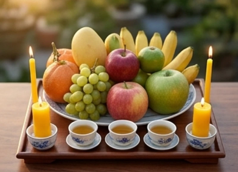 Cách hóa giải vận hạn cho tuổi Mùi: văn khấn và vật phẩm 3 Mâm lễ cúng sao giải hạn gồm ngũ quả, trà, rượu và nến được xếp trang nghiêm theo đúng ngũ hành