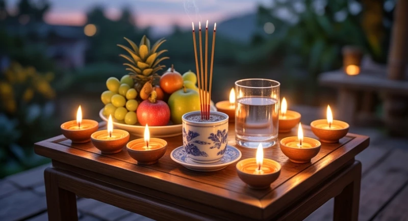 Mâm cúng sao Thái Âm được chuẩn bị tươm tất với đèn cầy, hương hoa và chén nước sạch