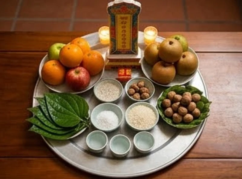 Văn khấn cúng sao giải hạn tại nhà: Sơ đồ nến, bài vị & mâm lễ 1 Bàn thờ cúng sao giải hạn được thiết lập trang nghiêm tại sân nhà với đầy đủ hương hoa và quả phẩm