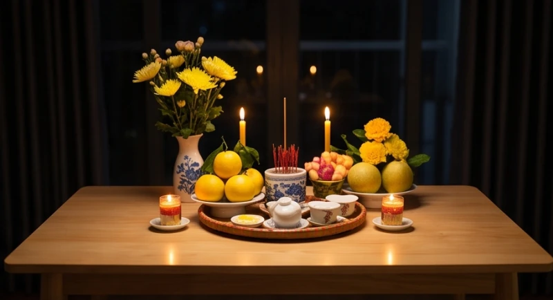 Mâm lễ cúng giải hạn sao La Hầu được chuẩn bị chu đáo với nến và vật phẩm màu vàng