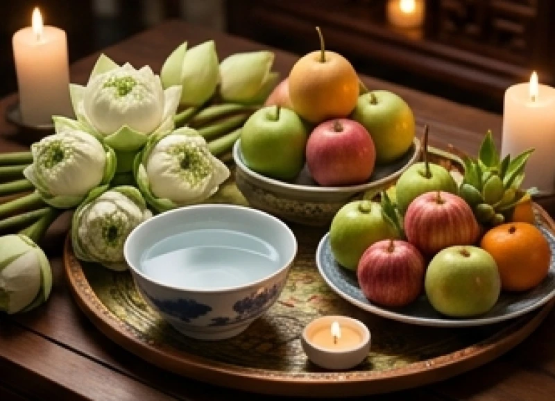 Chuẩn bị hoa tươi và trái cây thanh khiết để làm lễ cúng nghênh sao Thái Âm chiếu mệnh