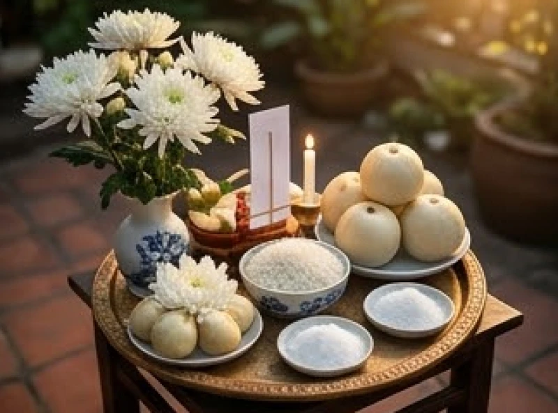 Mâm lễ dâng sao với hoa cúc trắng cùng trái cây màu sáng, gạo muối và oản trắng được bày biện chỉn chu