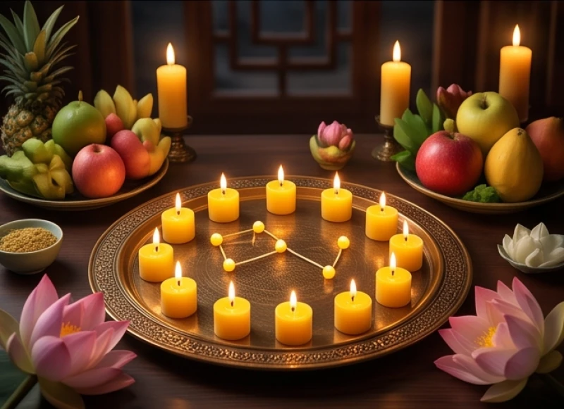 Tử vi tuổi Bính Dần 1986 năm 2026: Chi tiết 12 tháng và sắm lễ 8 Trận đồ 12 ngọn nến vàng được xếp ngay ngắn trên mâm lễ cúng giải hạn sao Thái Dương