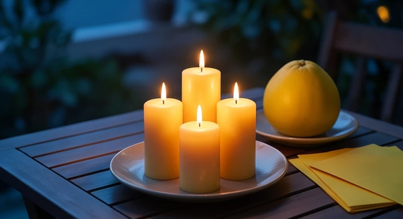 Mâm lễ cúng sao Thổ Tú chiếu mệnh với năm ngọn nến và bài vị màu vàng
