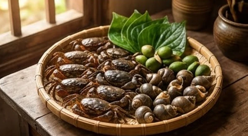 Mâm lễ Sơn Trang đặc trưng với mười hai con cua đồng và ốc vặn dâng các cô trên ngàn
