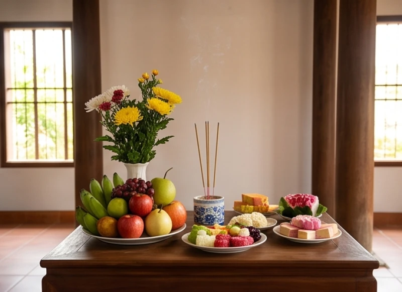 Mâm lễ ngọt với hoa quả và bánh kẹo dùng trong nghi thức đọc văn khấn sửa mái nhà quy mô nhỏ