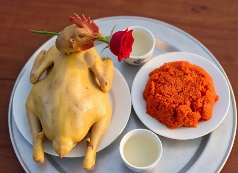 Mâm cúng mặn dâng tạ mộ cuối năm gồm gà trống luộc ngậm hoa hồng, đĩa xôi gấc đỏ tươi và rượu trắng